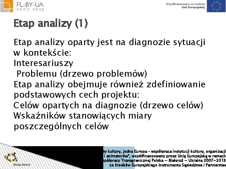 Etap analizy (1) Etap analizy oparty jest na diagnozie sytuacji w kontekście: Interesariuszy Problemu