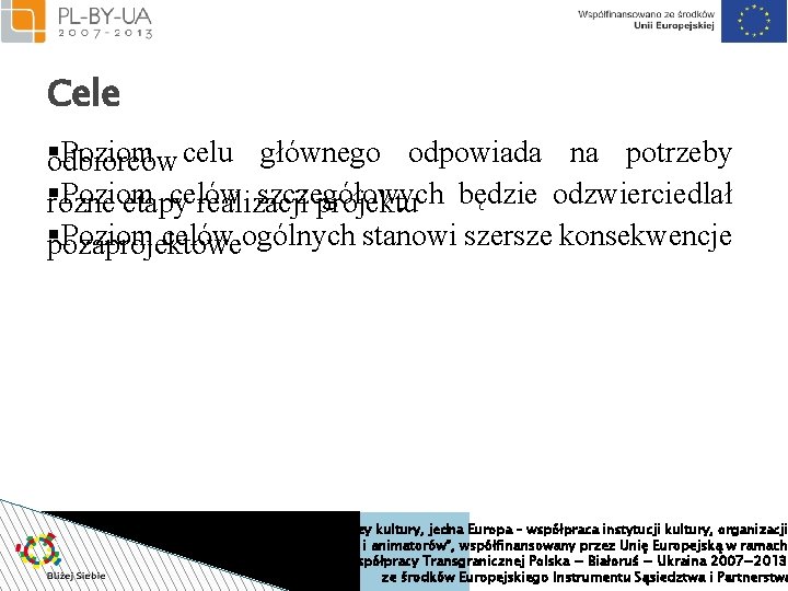 Cele §odbiorców Poziom celu głównego odpowiada na potrzeby §różne etapy realizacji projektu Poziom celów