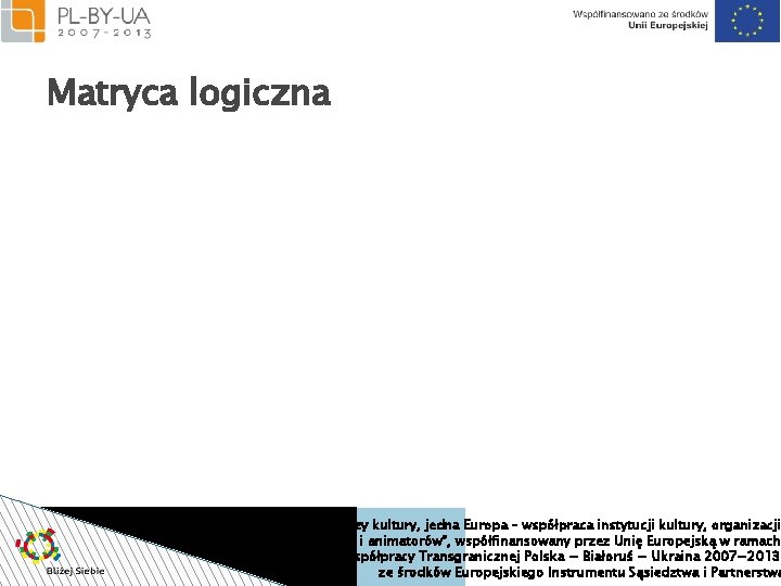 Matryca logiczna Projekt “Bliżej siebie. Trzy kultury, jedna Europa – współpraca instytucji kultury, organizacji