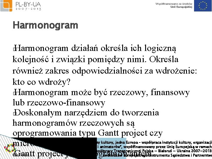 Harmonogram działań określa ich logiczną kolejność i związki pomiędzy nimi. Określa również zakres odpowiedzialności