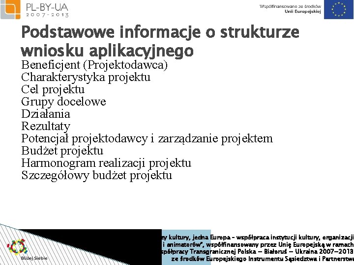 Podstawowe informacje o strukturze wniosku aplikacyjnego Beneficjent (Projektodawca) Charakterystyka projektu Cel projektu Grupy docelowe