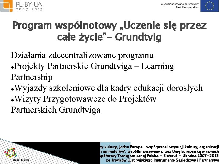 Program wspólnotowy „Uczenie się przez całe życie”- Grundtvig Działania zdecentralizowane programu Projekty Partnerskie Grundtviga