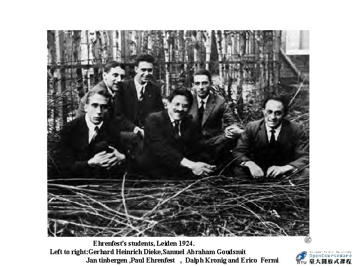 Ehrenfest's students, Leiden 1924. Left to right: Gerhard Heinrich Dieke, Samuel Abraham Goudsmit Jan