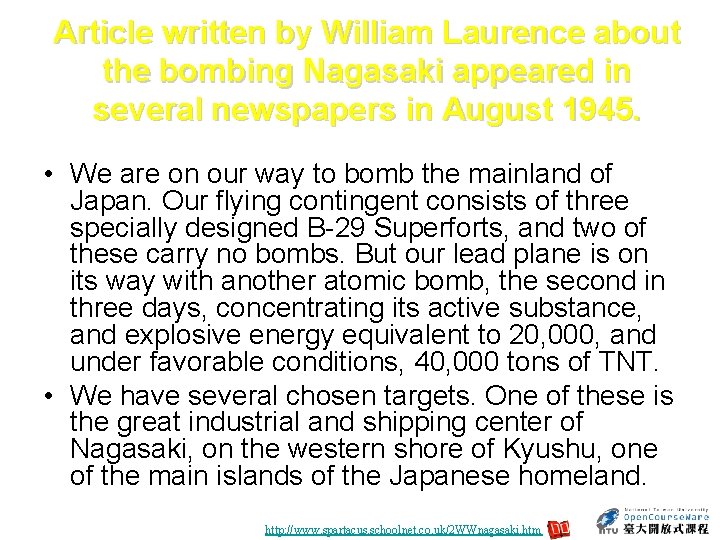 Article written by William Laurence about the bombing Nagasaki appeared in several newspapers in