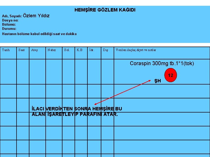 HEMŞİRE GÖZLEM KAĞIDI Adı, Soyadı: Dosya no: Bölümü: Durumu: Özlem Yıldız Hastanın bölüme kabul