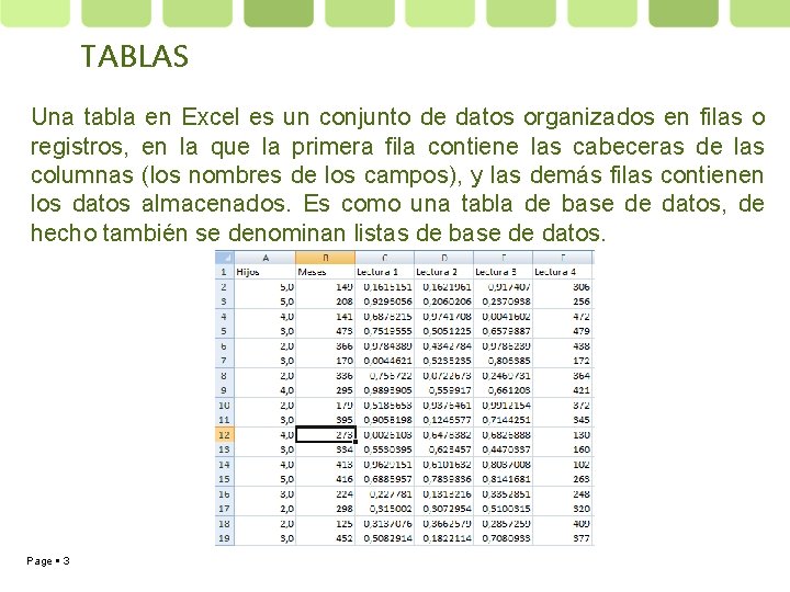 TABLAS Una tabla en Excel es un conjunto de datos organizados en filas o