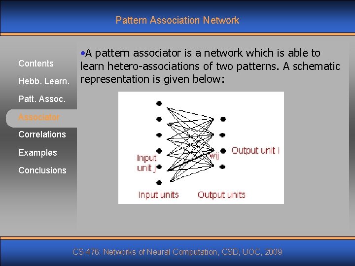 Pattern Association Network Contents Hebb. Learn. • A pattern associator is a network which Pattern Association Network Contents Hebb. Learn. • A pattern associator is a network which