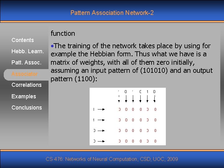 Pattern Association Network-2 Contents Hebb. Learn. Patt. Associator Correlations function • The training of Pattern Association Network-2 Contents Hebb. Learn. Patt. Associator Correlations function • The training of