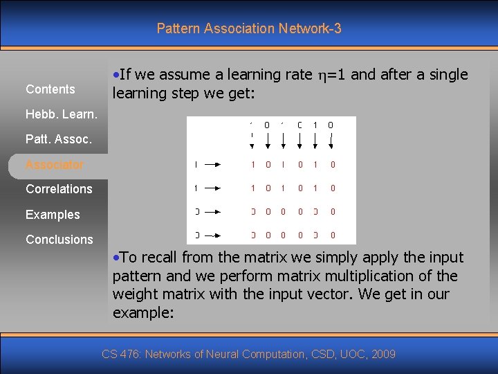 Pattern Association Network-3 Contents • If we assume a learning rate =1 and after Pattern Association Network-3 Contents • If we assume a learning rate =1 and after