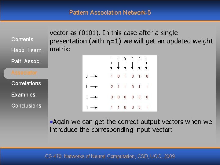 Pattern Association Network-5 vector as (0101). In this case after a single Contents presentation Pattern Association Network-5 vector as (0101). In this case after a single Contents presentation