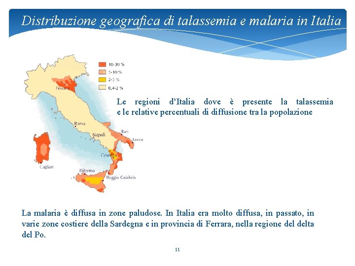 Distribuzione geografica di talassemia e malaria in Italia Le regioni d’Italia dove è presente