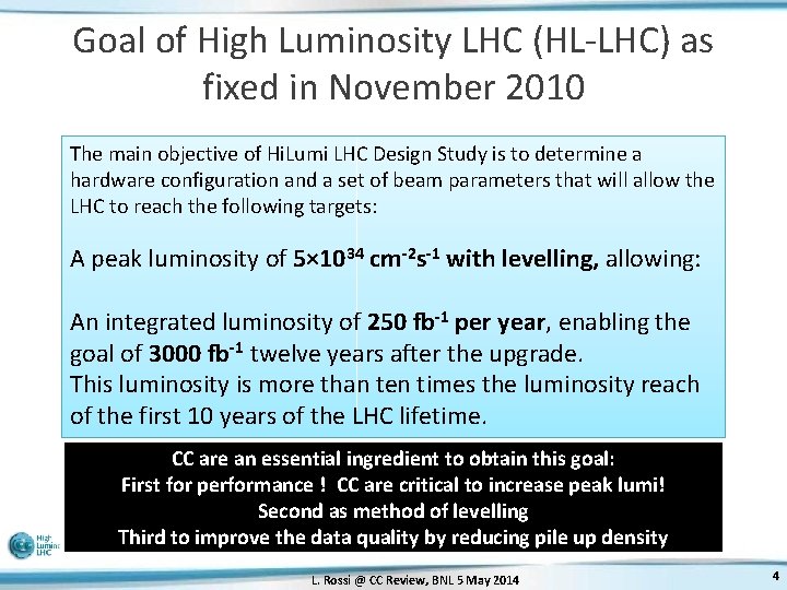 Goal of High Luminosity LHC (HL-LHC) as fixed in November 2010 The main objective
