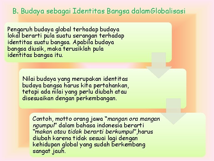 B. Budaya sebagai Identitas Bangsa dalam. Globalisasi Pengaruh budaya global terhadap budaya lokal berarti