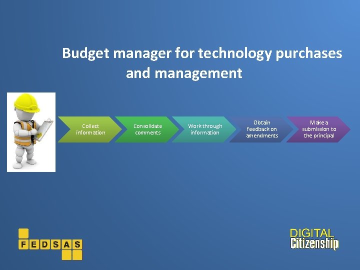 Budget manager for technology purchases and management Collect information Consolidate comments Work through information