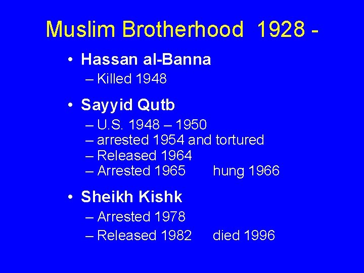 Muslim Brotherhood 1928 • Hassan al-Banna – Killed 1948 • Sayyid Qutb – U.