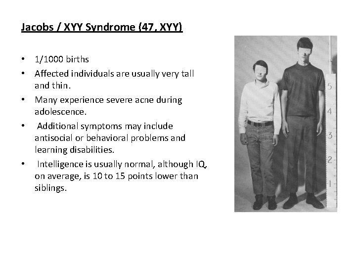 Jacobs / XYY Syndrome (47, XYY) • 1/1000 births • Affected individuals are usually