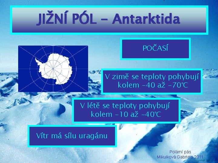 JIŽNÍ PÓL - Antarktida POČASÍ V zimě se teploty pohybují kolem -40 až -70°C