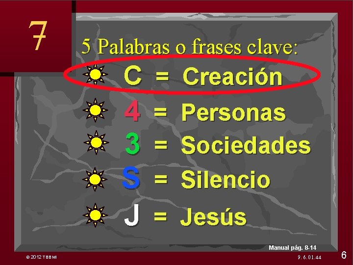7 5 Palabras o frases clave: C = Creación 4 3 S J =