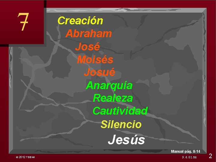 7 Creación Abraham José Moisés Josué Anarquía Realeza Cautividad Silencio Jesús Manual pág. 8