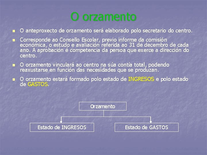 O orzamento n n O anteproxecto de orzamento será elaborado polo secretario do centro.