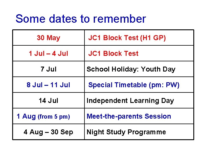 Some dates to remember 30 May 1 Jul – 4 Jul 7 Jul 8