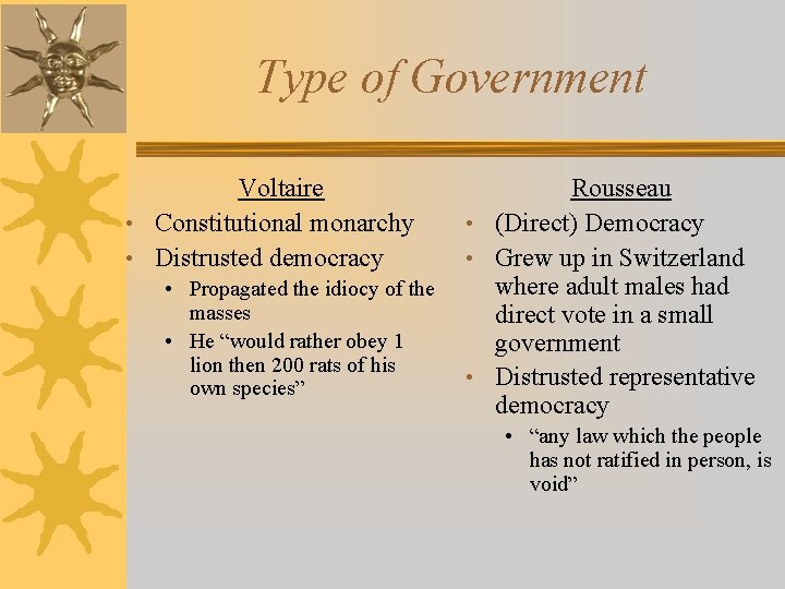 Type of Government Voltaire • Constitutional monarchy • Distrusted democracy • Propagated the idiocy