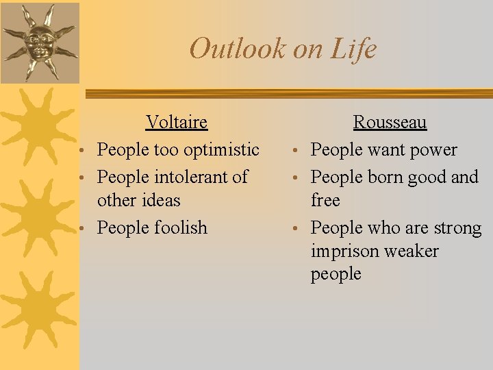 Outlook on Life Voltaire • People too optimistic • People intolerant of other ideas