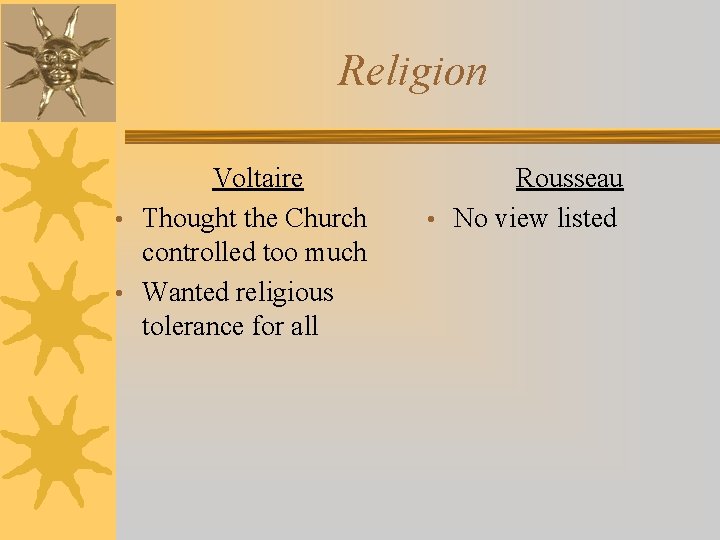 Religion Voltaire • Thought the Church controlled too much • Wanted religious tolerance for