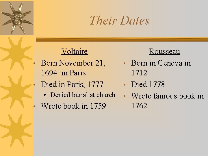 Their Dates Voltaire • Born November 21, 1694 in Paris • Died in Paris,