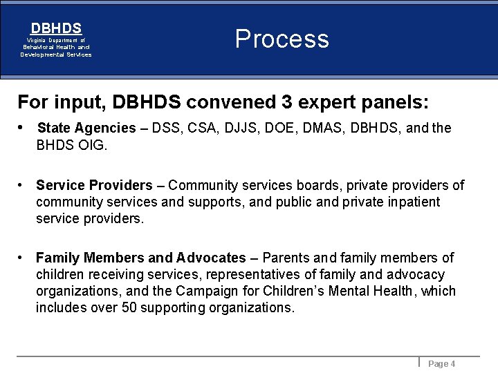 DBHDS Virginia Department of Behavioral Health and Developmental Services Process For input, DBHDS convened