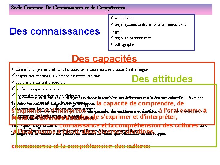 Socle Commun De Connaissances et de Compétences Des connaissances üvocabulaire ürègles grammaticales et fonctionnement