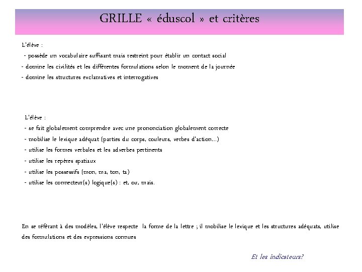 GRILLE « éduscol » et critères L’élève : - possède un vocabulaire suffisant mais