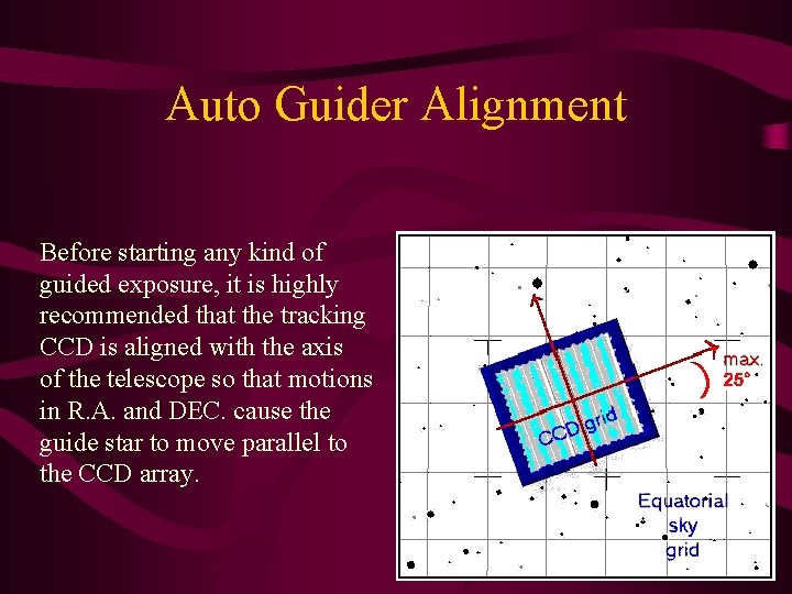 Auto Guider Alignment Before starting any kind of guided exposure, it is highly recommended