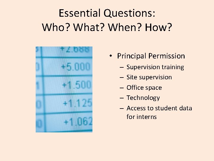 Essential Questions: Who? What? When? How? • Principal Permission – – – Supervision training