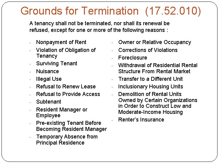 Grounds for Termination (17. 52. 010) A tenancy shall not be terminated, nor shall