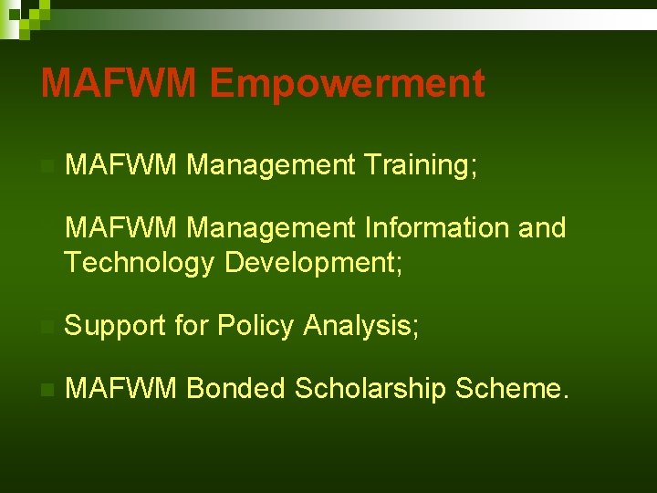 MAFWM Empowerment n MAFWM Management Training; n MAFWM Management Information and Technology Development; n