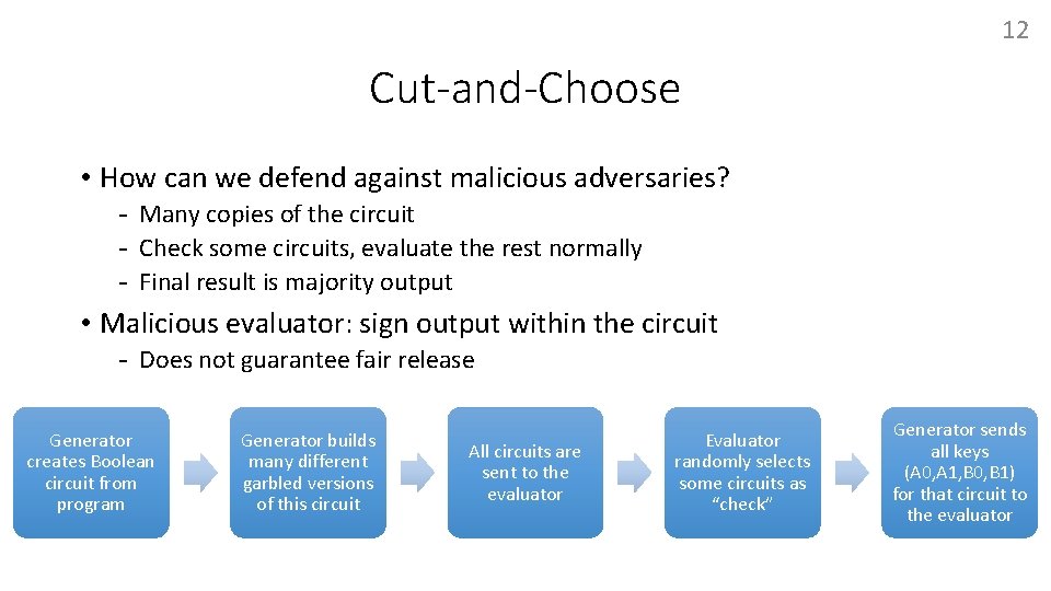 12 Cut-and-Choose • How can we defend against malicious adversaries? - Many copies of