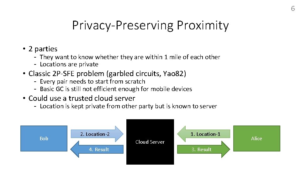 6 Privacy-Preserving Proximity • 2 parties - They want to know whether they are