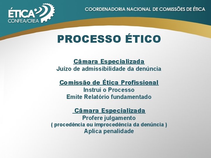 PROCESSO ÉTICO Câmara Especializada Juízo de admissibilidade da denúncia Comissão de Ética Profissional Instrui