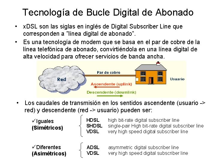 Tecnología de Bucle Digital de Abonado • x. DSL son las siglas en inglés