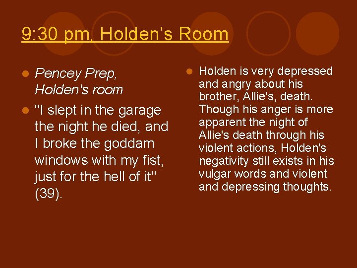 9: 30 pm, Holden’s Room Pencey Prep, Holden's room l "I slept in the