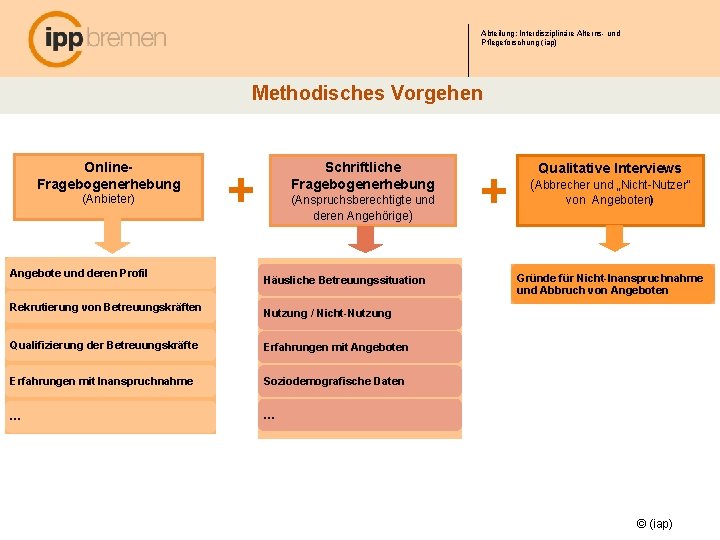 Abteilung: Interdisziplinäre Alterns- und Pflegeforschung (iap) Methodisches Vorgehen Online. Fragebogenerhebung (Anbieter) Angebote und deren