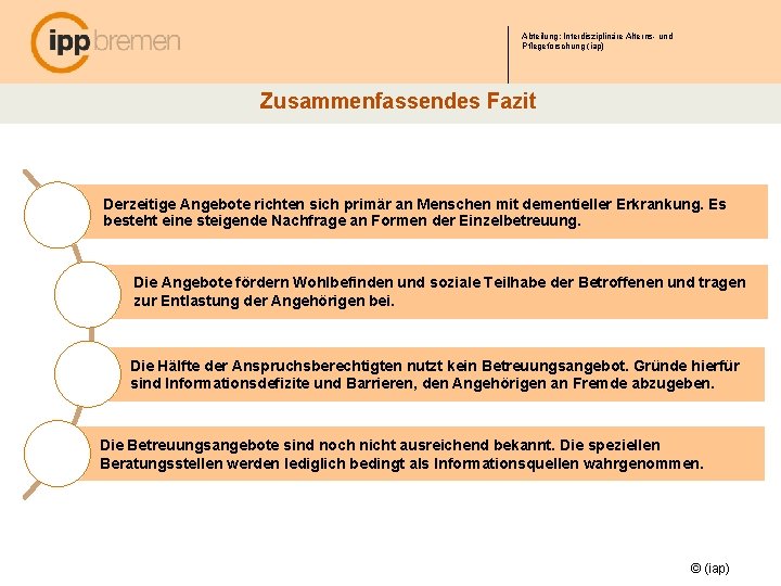 Abteilung: Interdisziplinäre Alterns- und Pflegeforschung (iap) Zusammenfassendes Fazit Derzeitige Angebote richten sich primär an