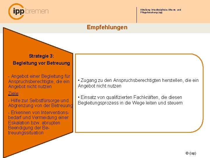 Abteilung: Interdisziplinäre Alterns- und Pflegeforschung (iap) Empfehlungen Strategie 3: Begleitung vor Betreuung - Angebot