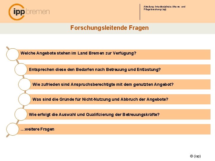 Abteilung: Interdisziplinäre Alterns- und Pflegeforschung (iap) Forschungsleitende Fragen Welche Angebote stehen im Land Bremen