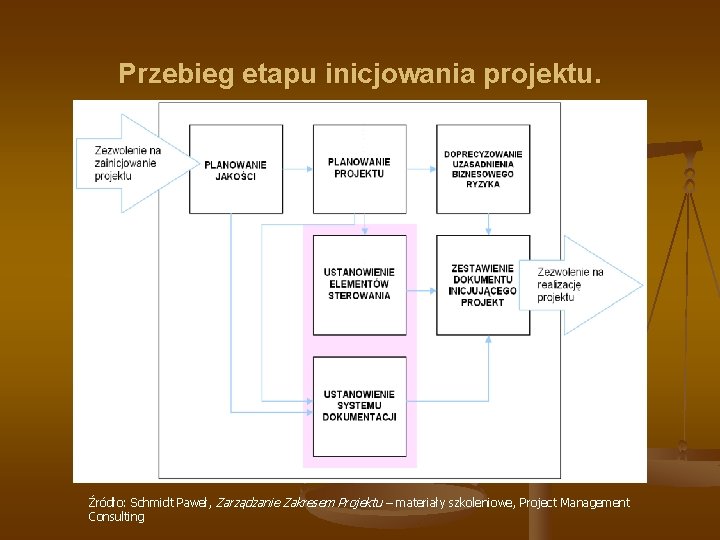 Przebieg etapu inicjowania projektu. Źródło: Schmidt Paweł, Zarządzanie Zakresem Projektu – materiały szkoleniowe, Project