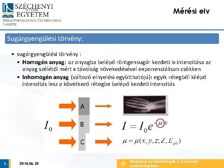 Mérési elv Sugárgyengülési törvény: • sugárgyengülési törvény : • Homogén anyag: az anyagba belépő