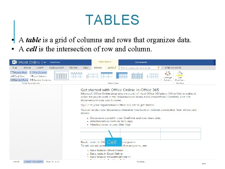 TABLES • A table is a grid of columns and rows that organizes data.