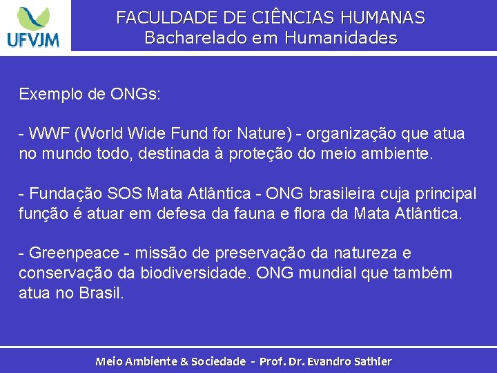 FACULDADE DE CIÊNCIAS HUMANAS Bacharelado em Humanidades Exemplo de ONGs: - WWF (World Wide