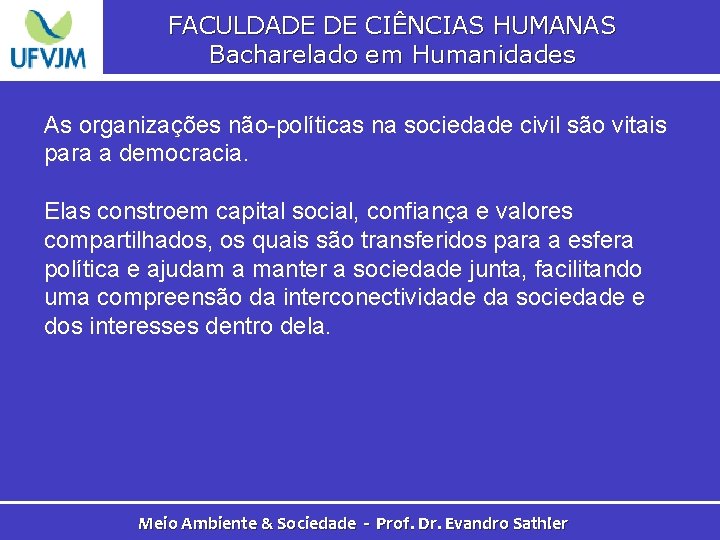 FACULDADE DE CIÊNCIAS HUMANAS Bacharelado em Humanidades As organizações não-políticas na sociedade civil são